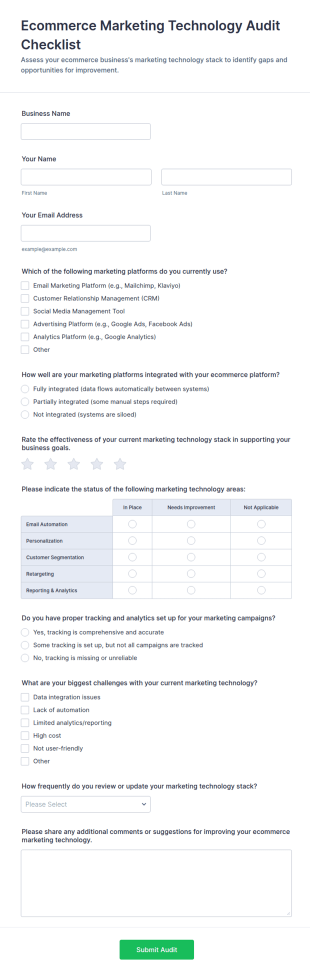 Ecommerce Marketing Technology Audit Checklist Form Template