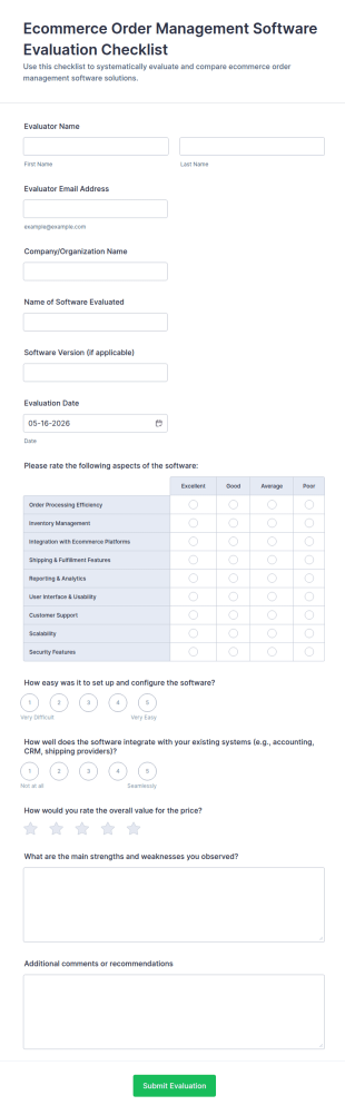 Ecommerce Order Management Software Evaluation Checklist Form Template
