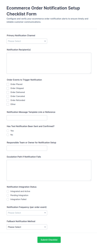 Ecommerce Order Notification Setup Checklist Form Template