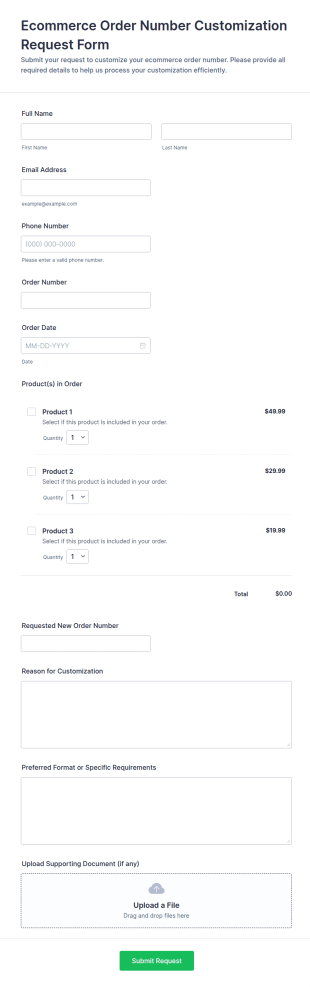 Ecommerce Order Number Customization Request Form Template