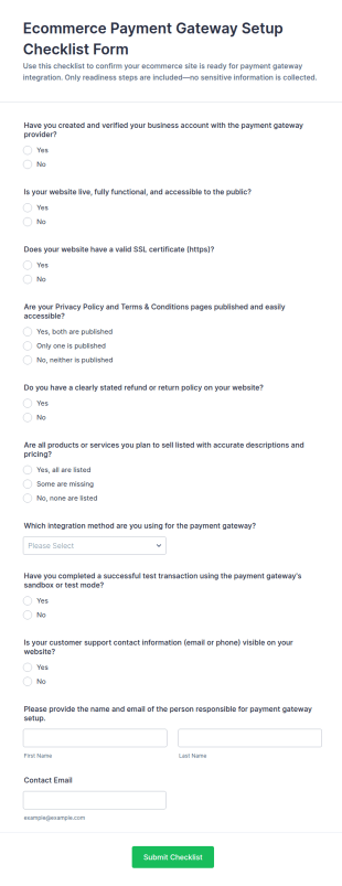 Ecommerce Payment Gateway Setup Checklist Form Template