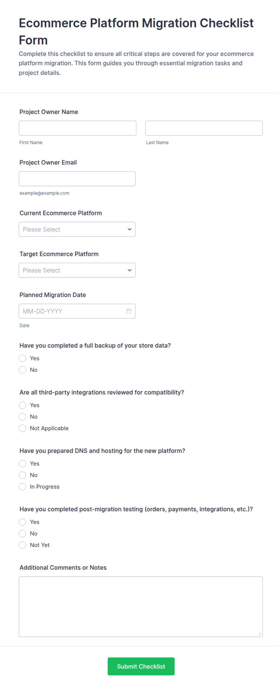 Ecommerce Platform Migration Checklist Form Template | Jotform