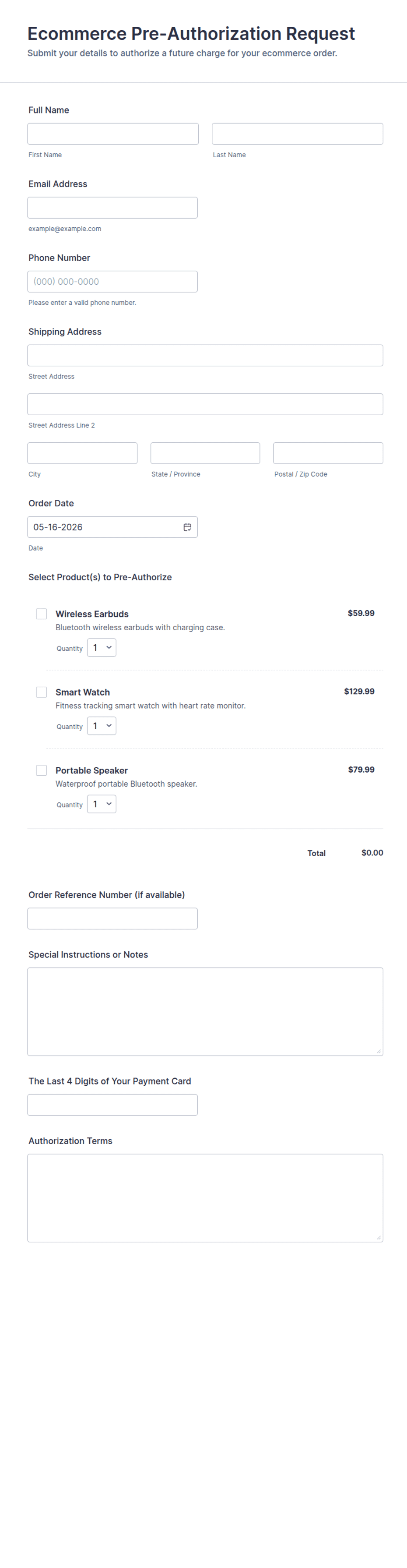 Ecommerce Pre-Authorization Request Form Template | Jotform