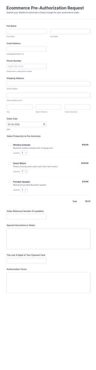 Ecommerce Pre Authorization Request Form Template
