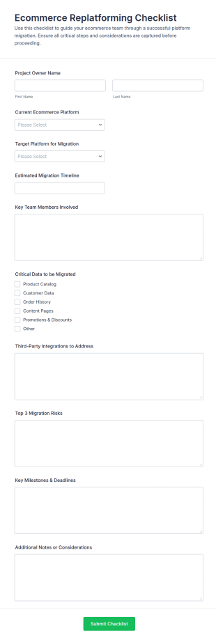 Ecommerce Replatforming Checklist Form Template