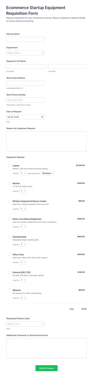 Ecommerce Startup Equipment Requisition Form Template