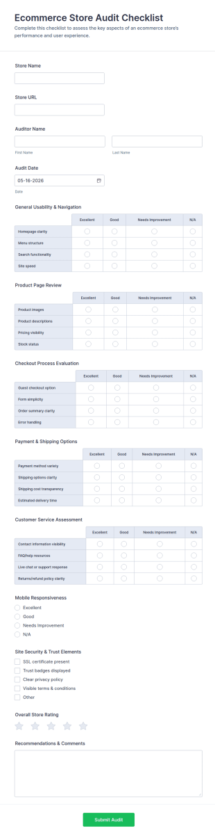 Ecommerce Store Audit Checklist Form Template
