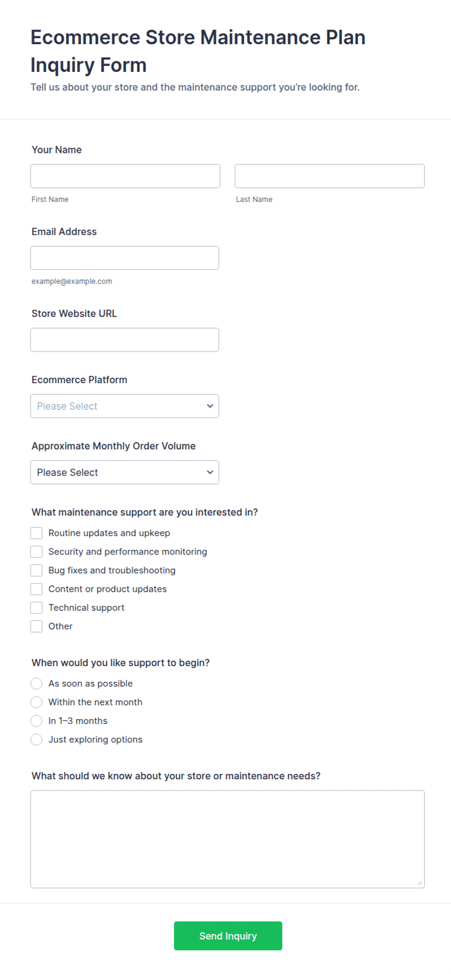 Ecommerce Store Maintenance Plan Inquiry Form Template | Jotform