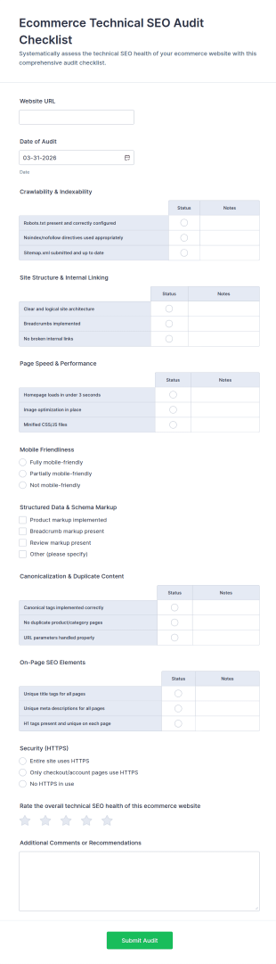 Ecommerce Technical SEO Audit Checklist Form Template