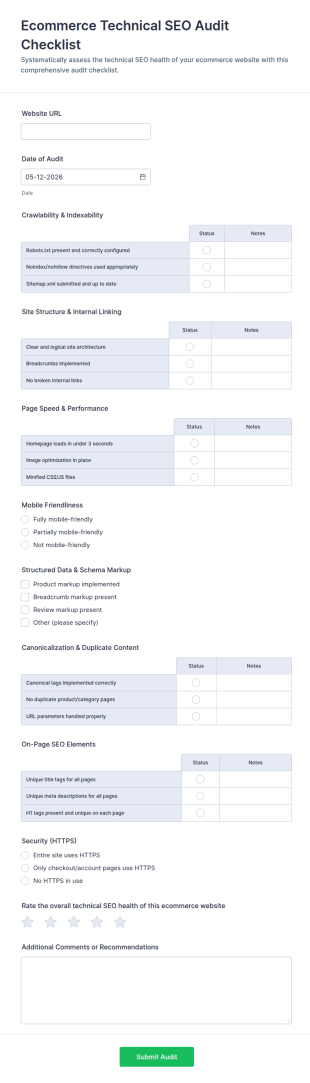 Ecommerce Technical SEO Audit Checklist Form Template