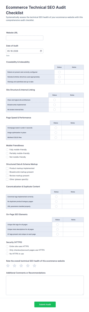 Ecommerce Technical SEO Audit Checklist Form Template