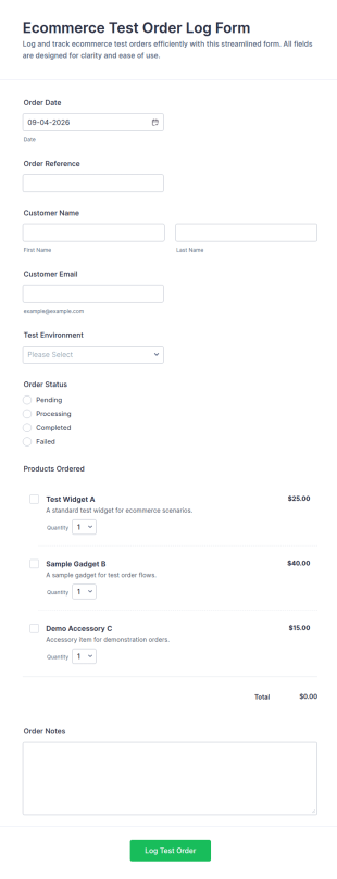 Ecommerce Test Order Log Form Template