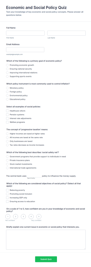 Economic And Social Policy Quiz Form Template