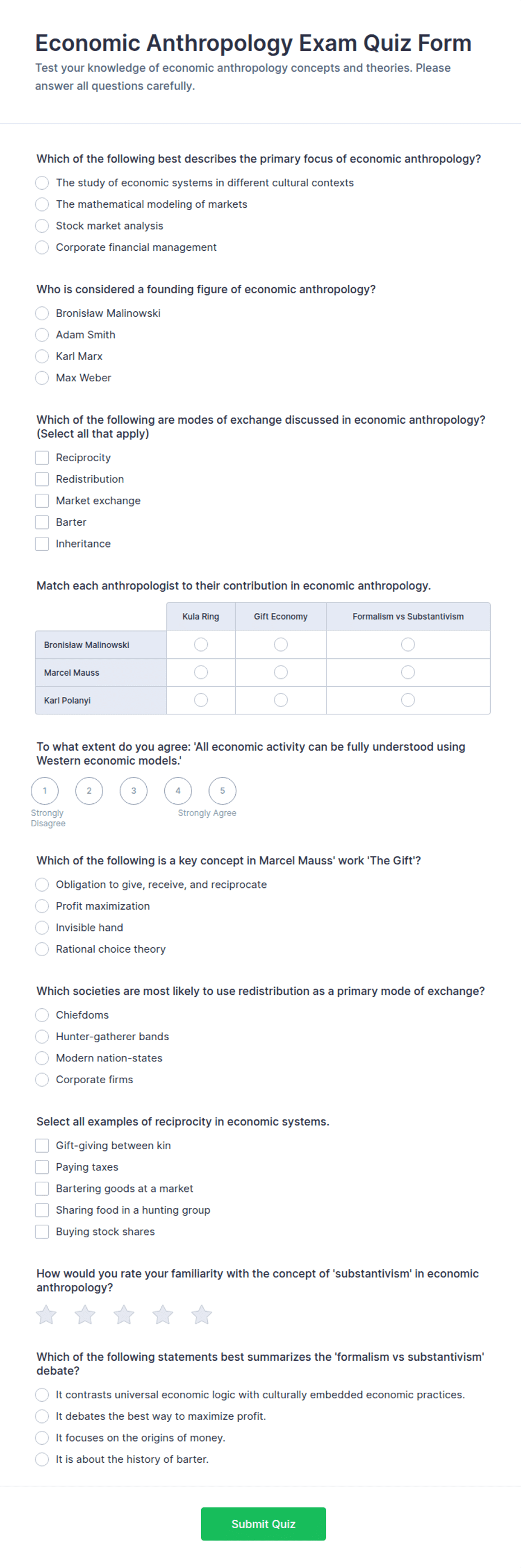 Economic Anthropology Exam Quiz Form Template | Jotform