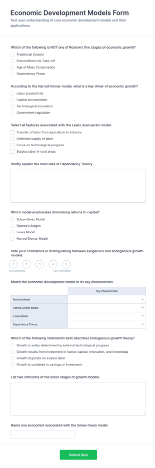 Economic Development Models Quiz Form Template