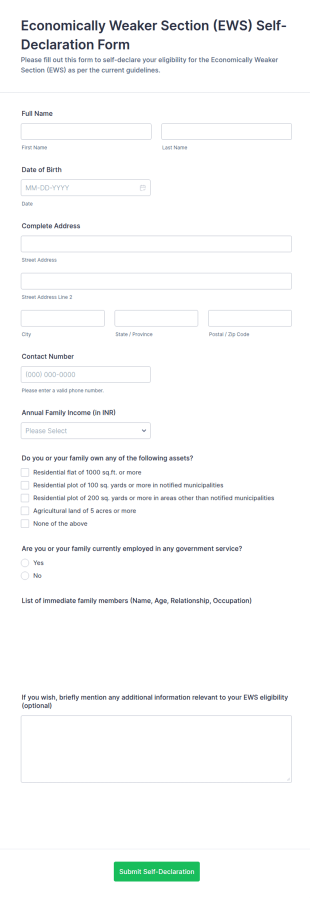 Economically Weaker Section (EWS) Self Declaration Form Template
