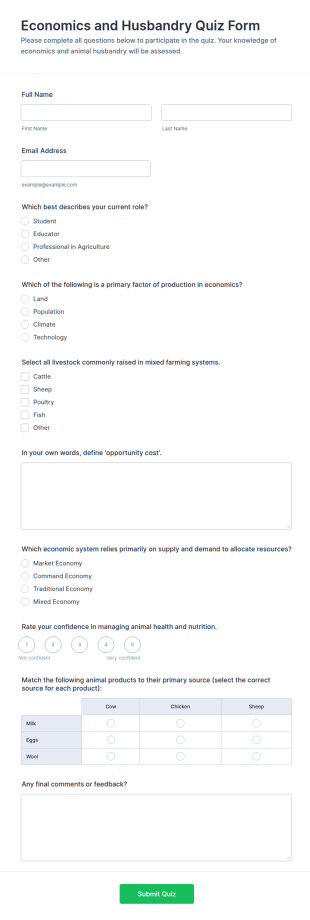 Economics And Husbandry Quiz Form Template