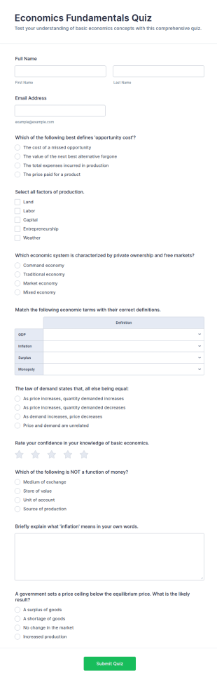 Economics Fundamentals Quiz Form Template