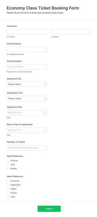 Economy Class Ticket Booking Form Template
