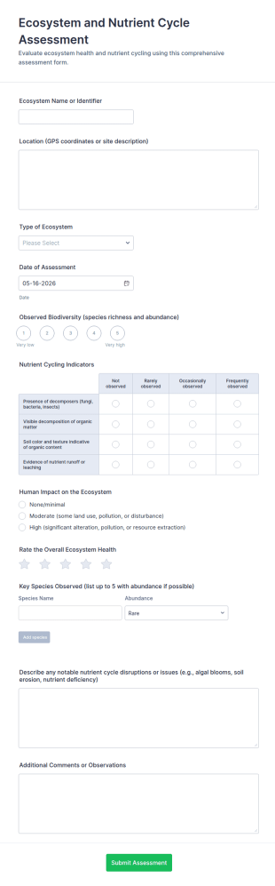 Ecosystem And Nutrient Cycle Assessment Form Template