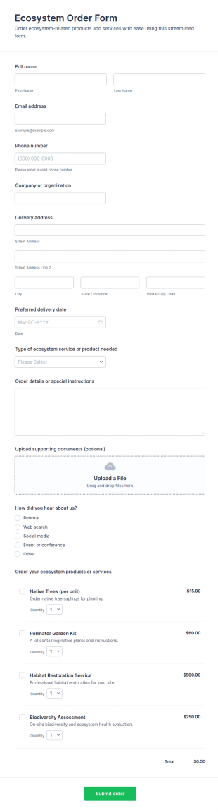 Ecosystem Order Form Template