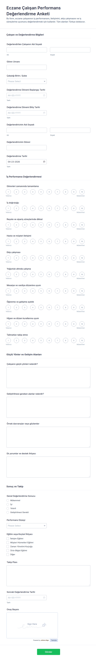 Eczacı Personel Performans Değerlendirme Anketi Form Şablonu