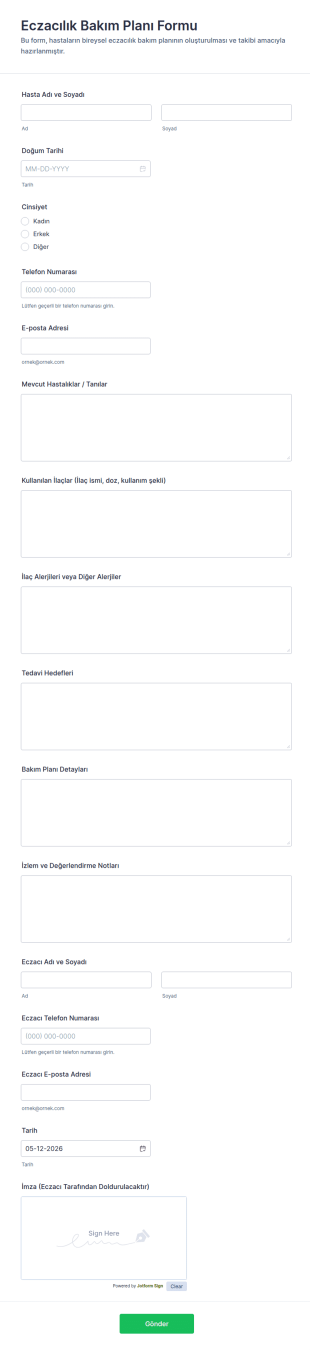 Eczacılık Bakım Planı Form Şablonu
