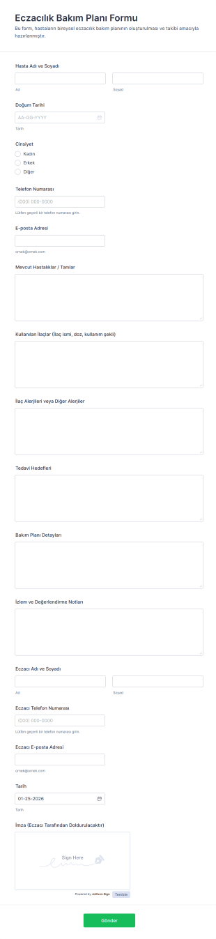 Eczacılık Bakım Planı Form Şablonu