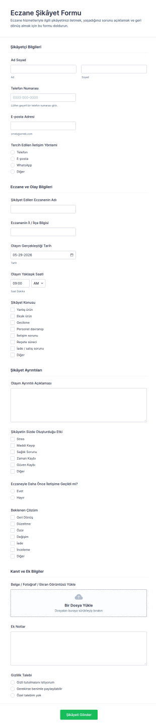 Eczane Şikayetleri Anketi Form Şablonu