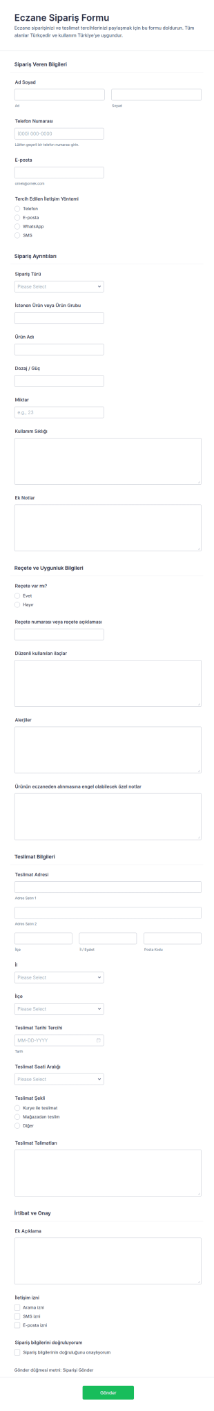 Eczane Sipariş Form Şablonu