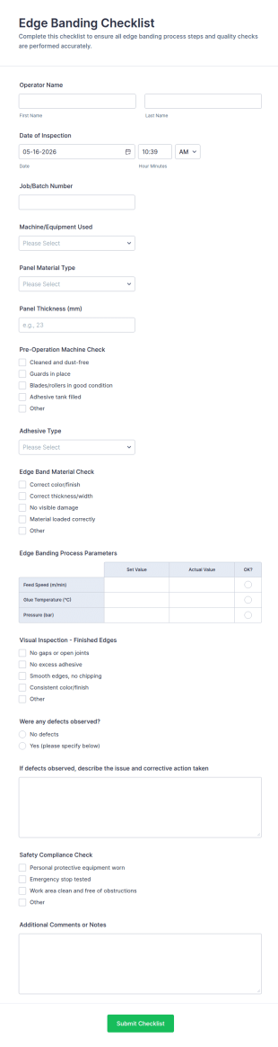 Edge Banding Checklist Form Template