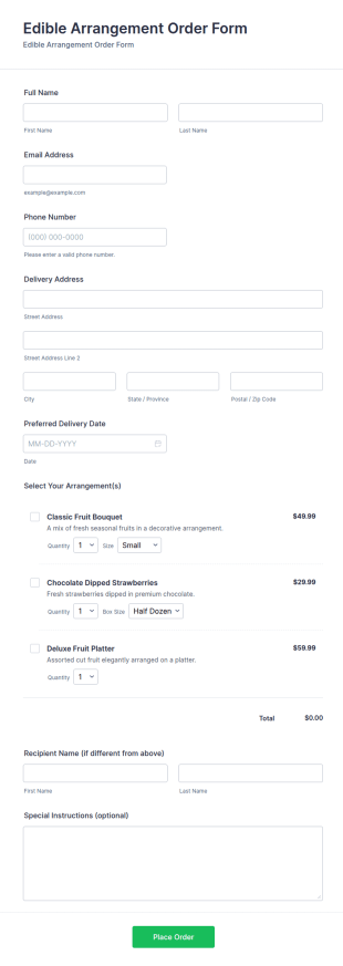Edible Arrangement Order Form Template