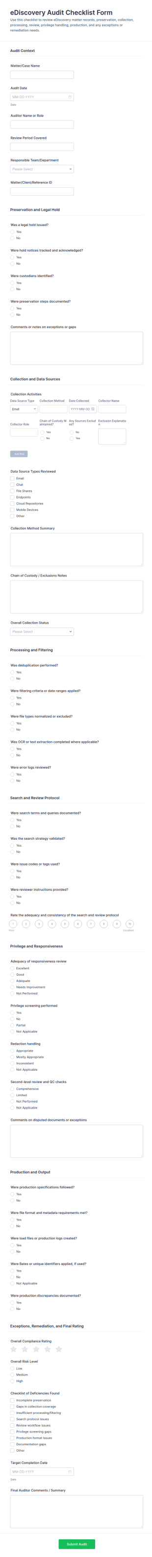 EDiscovery Audit Checklist Form Template