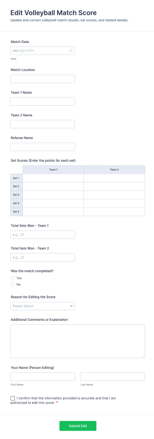 Edit Volleyball Match Score Form Template