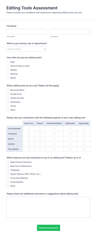 Editing Tools Assessment Form Template