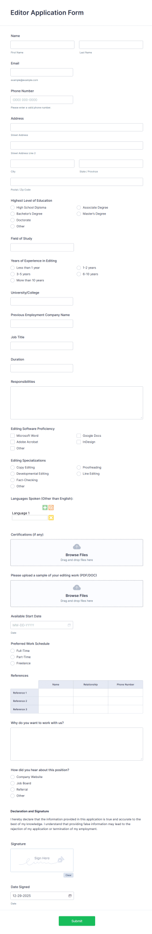 Editor Application Form Template