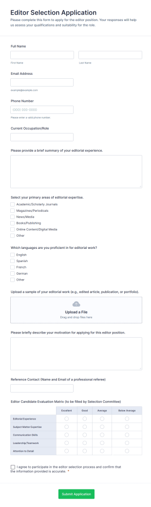 Editor Selection Application Form Template