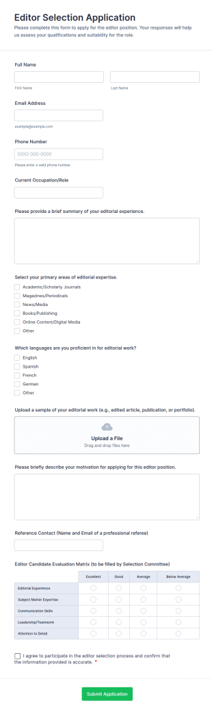 Editor Selection Application Form Template