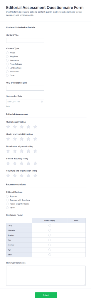 Editorial Assessment Questionnaire Form Template