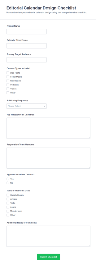 Editorial Calendar Design Checklist Form Template