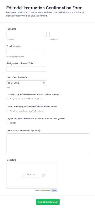 Editorial Instruction Confirmation Form Template