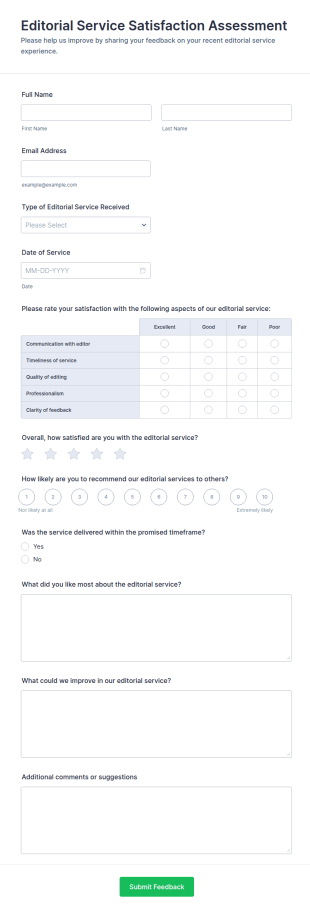 Editorial Service Satisfaction Assessment Form Template