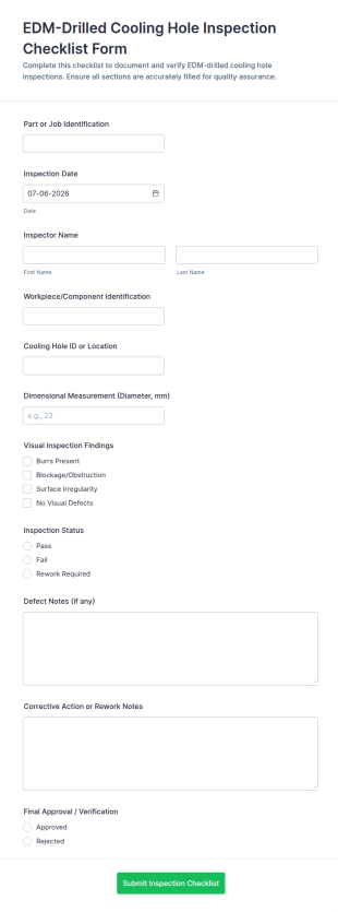 EDM Drilled Cooling Hole Inspection Checklist Form Template
