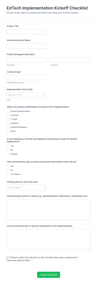 EdTech Implementation Kickoff Checklist Form Template