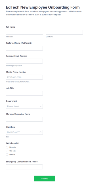 EdTech New Employee Onboarding Form Template
