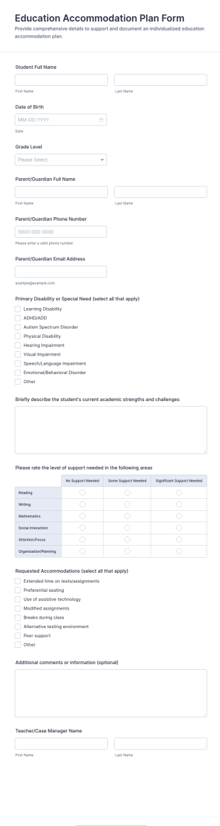 Education Accommodation Plan Form Template