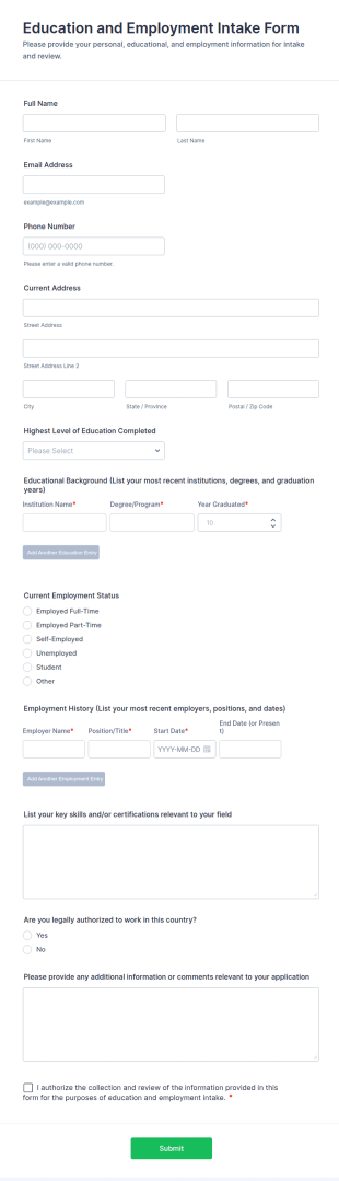Education And Employment Intake Form Template