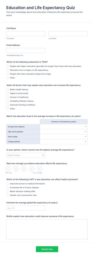 Education And Life Expectancy Quiz Form Template