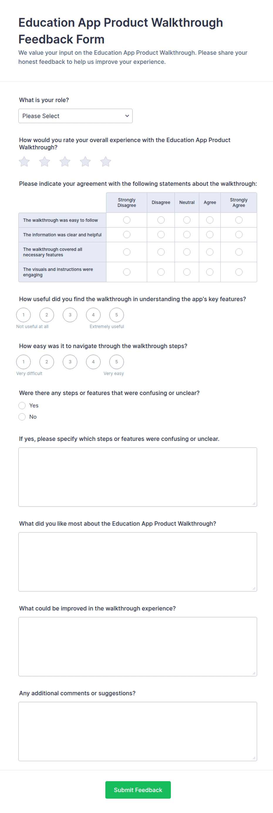 Education App Product Walkthrough Feedback Form Template | Jotform