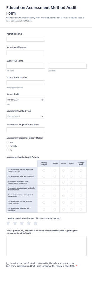 Education Assessment Method Audit Form Template